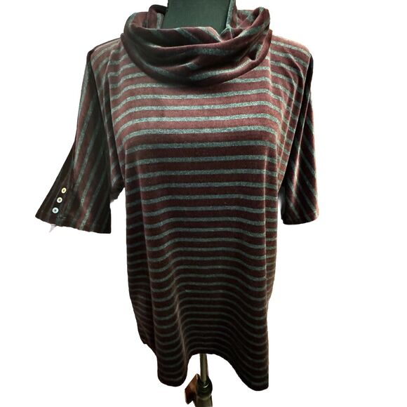 Talbots Top Large Petite Velvet Cowl Neck Blouse Burgundy Stripe Office Casual - Picture 1 of 7